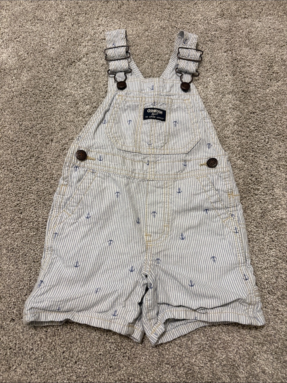OshKosh B'gosh Blue & White Striped Anchor Short Overalls